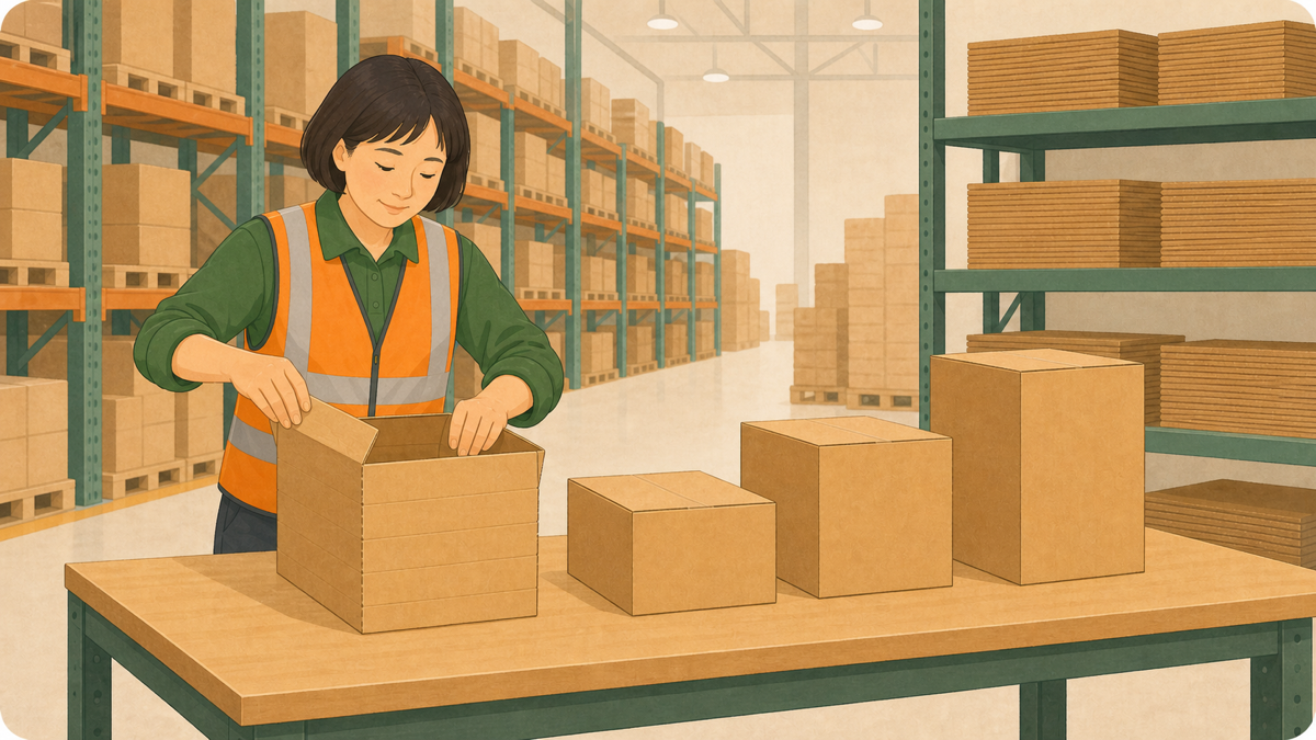 Cartoon illustration of a warehouse worker folding an adjustable-depth box beside three fixed-height cartons
