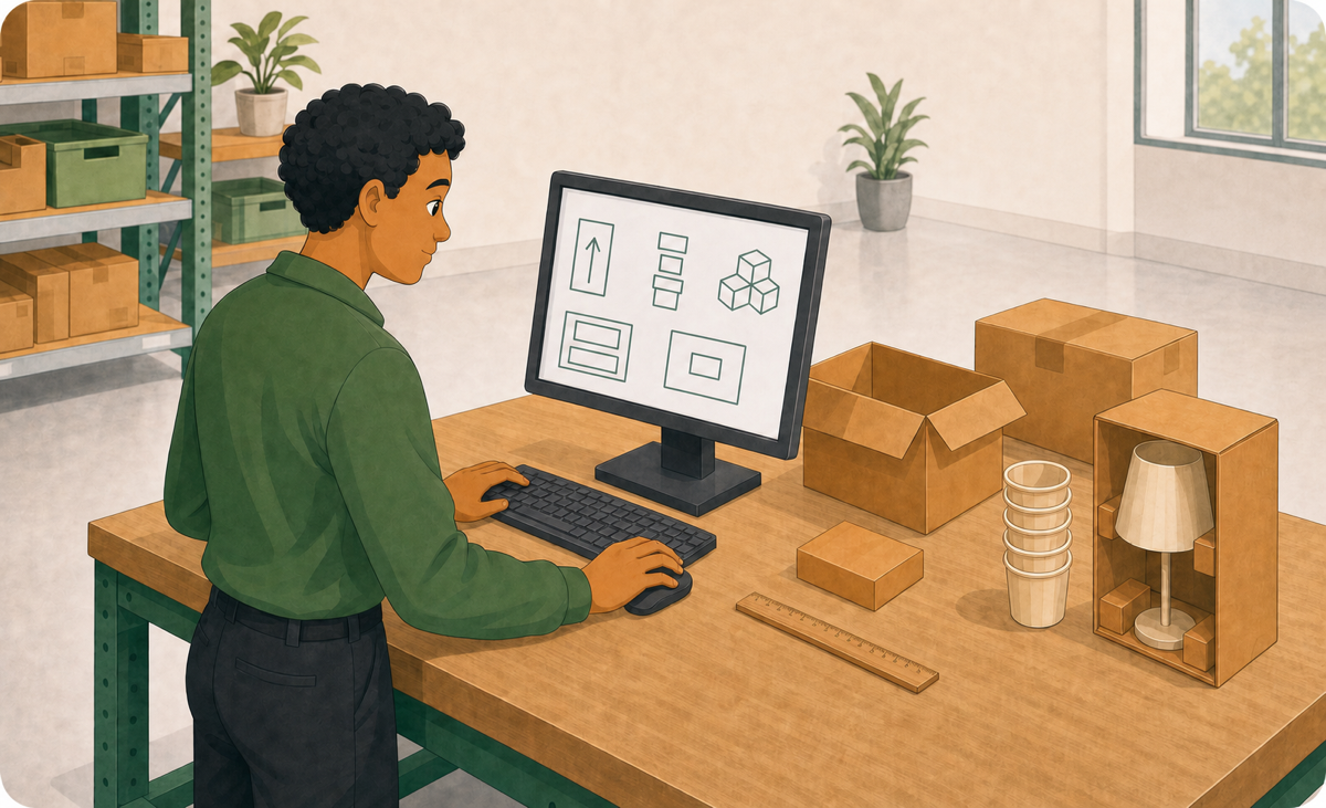 Cartoon illustration of a warehouse worker configuring product packing rules