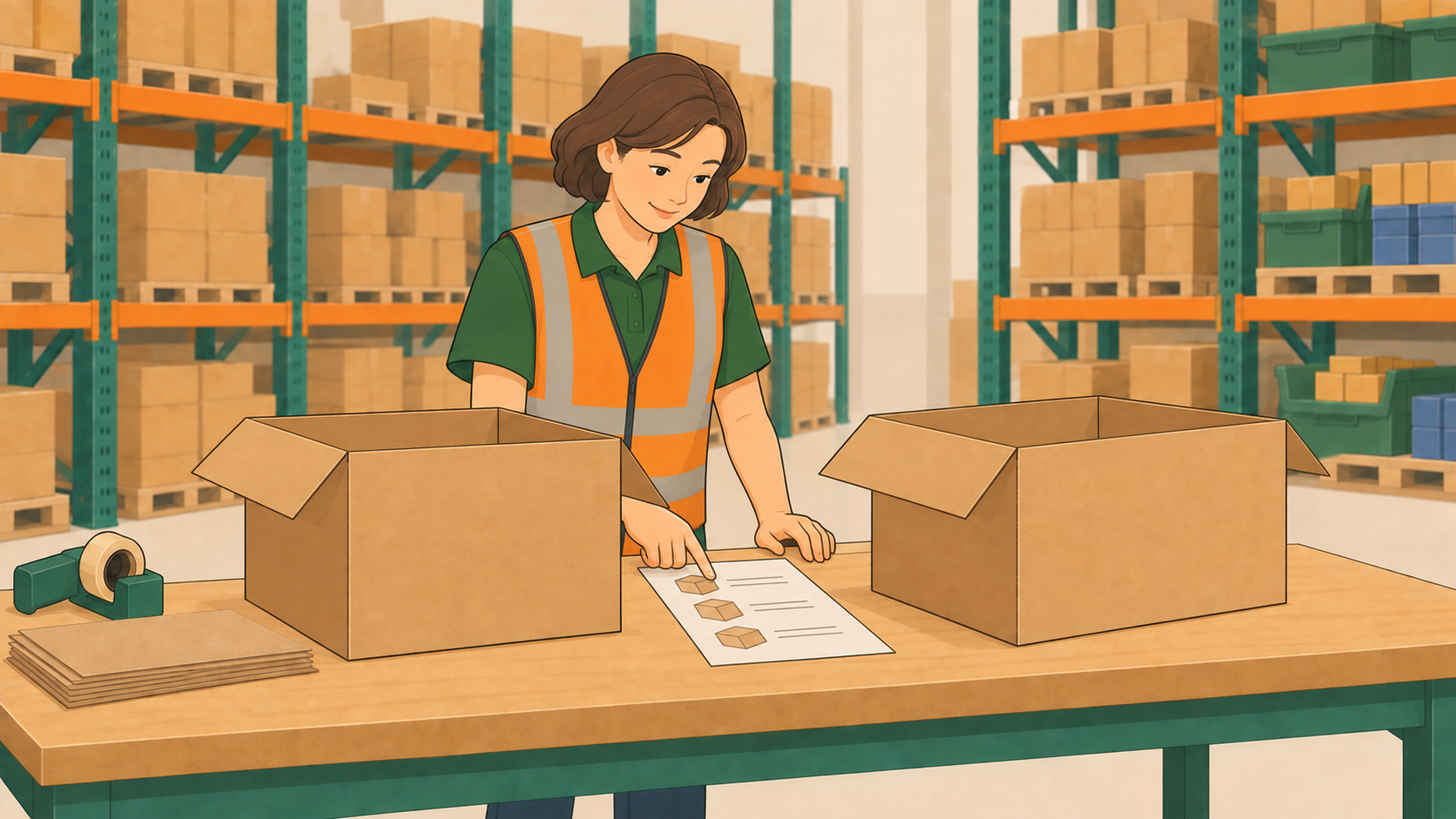 Cartoon warehouse worker using a paper packing list to prepare shipping cartons at a packing bench