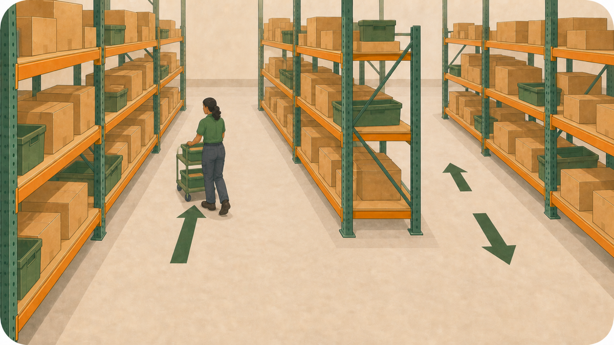 Cartoon illustration of a warehouse picker following directional arrows between storage aisles