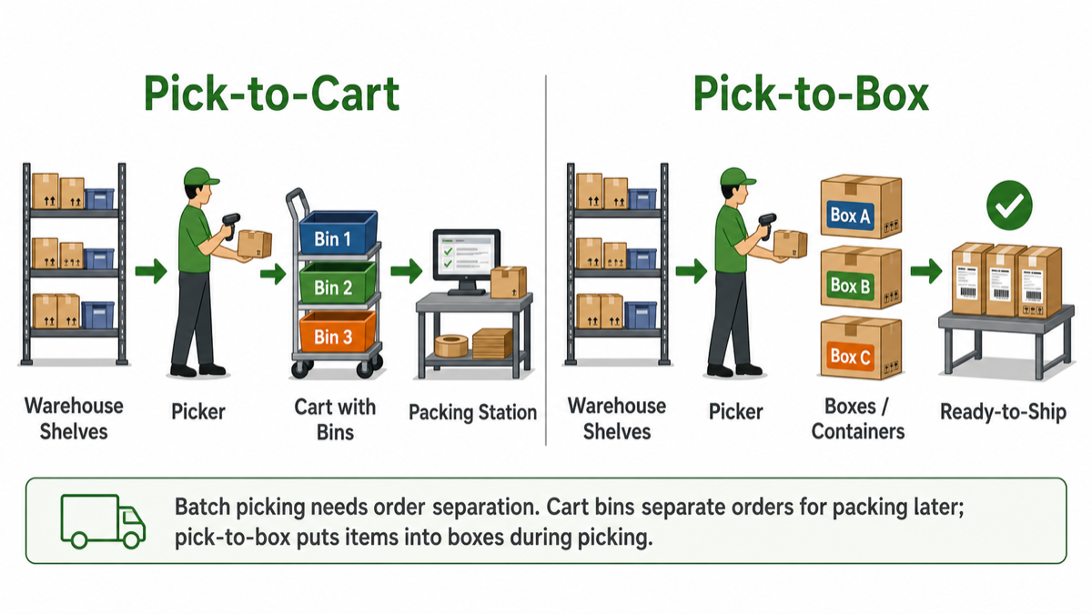 Pick-to-cart and pick-to-box batch picking workflow comparison