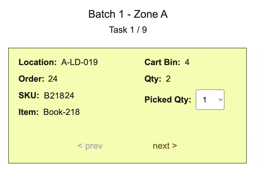 Online Batch Pick task with item, location, order, and cart bin details