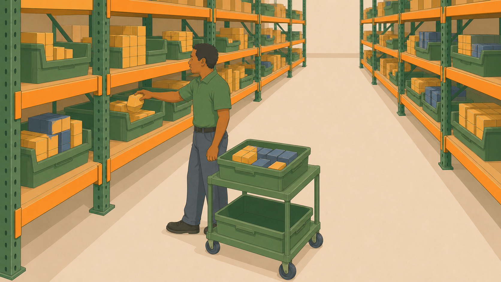 Cartoon warehouse picker collecting a product from an open picking bin beside a cart holding different product packs