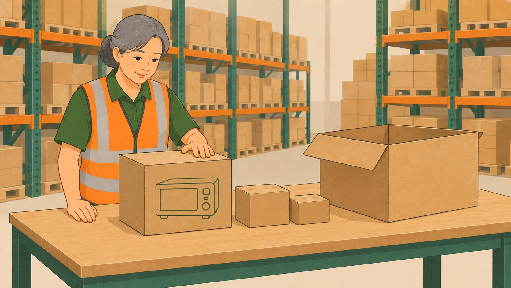Cartoon warehouse worker at a packing bench with a manufacturer carton, two smaller accessory boxes, and an open outer shipping carton