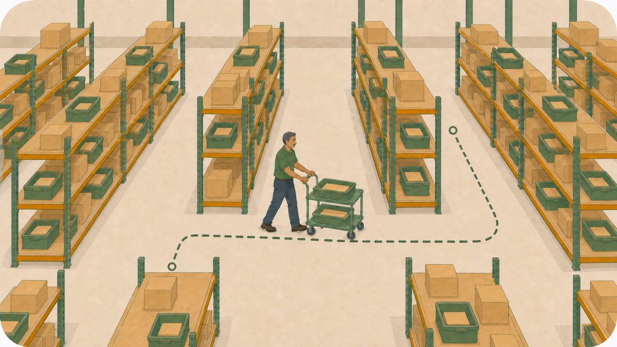 Cartoon illustration of a warehouse picker using a cross-aisle between long storage racks