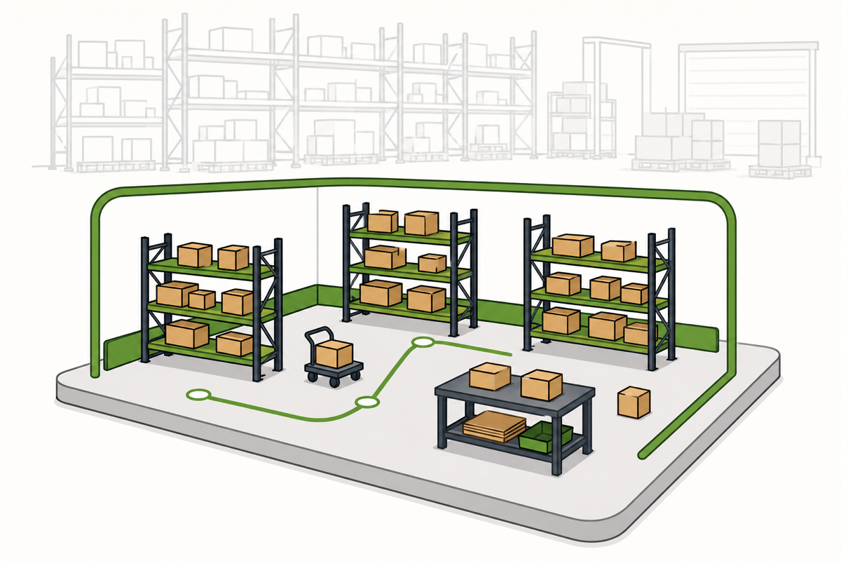 Illustration of a separate test warehouse for packing, picking, and layout decisions