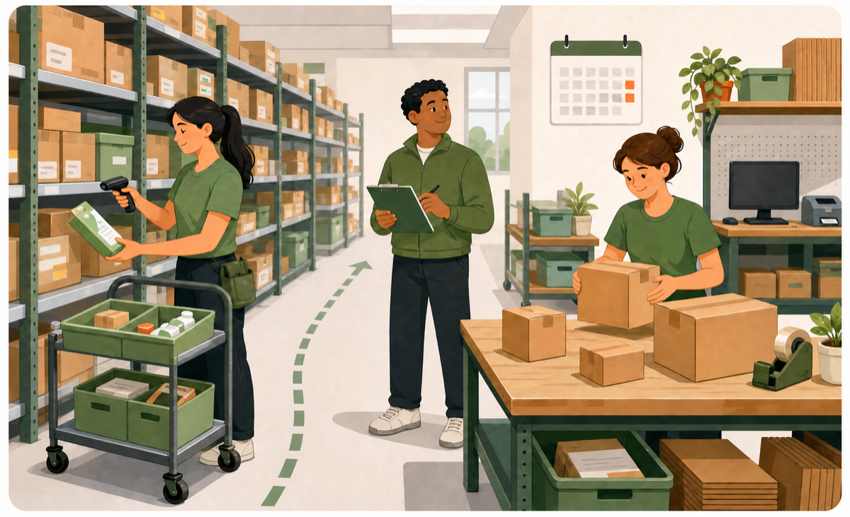 Cartoon illustration of a warehouse team testing picking, packing, and layout settings before peak season